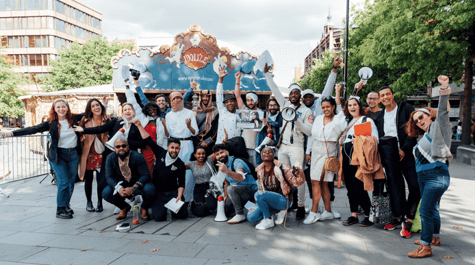 The team behind the Young People Together film outside the Spiegeltent after their performance at Festival of the Mind 2022.