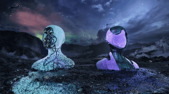 A rocky mountainous landscape with two head busts that look technological and advanced representing art and science