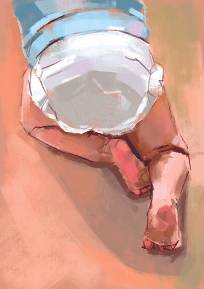 An illustration showing the bottom half of a baby, wearing a nappy and a light blue top, crawling across the floor