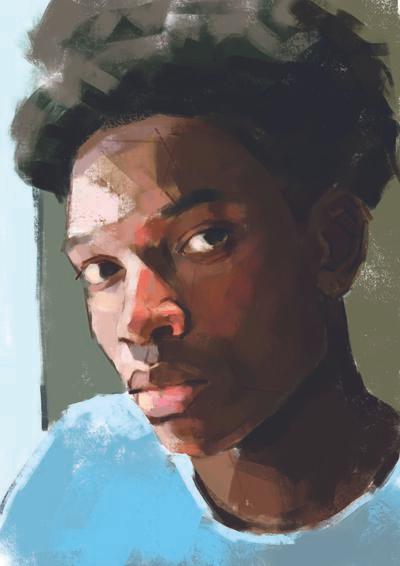 An portrait of a young black man in a light blue t-shirt