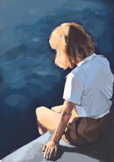 An illustration of a woman with blonde hair in brown shorts and a white t-shirt, sitting in the evening sun, looking out at ocean