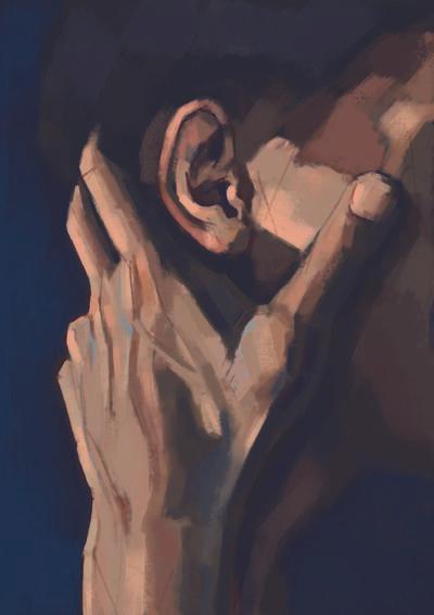 An illustration of the a man's head, from the side, being caressed by another person's hand