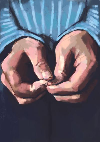 Illustration of a person's hands nervously fidgeting on their lap