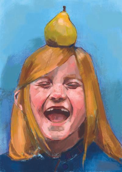 Illustration of a young girl with ginger hair and her two front teeth missing, with a pear on top of her head, laughing with her eyes closed