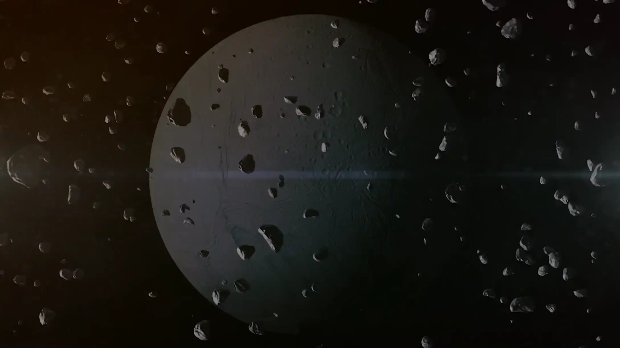 Illustration of asteroids moving past a planet