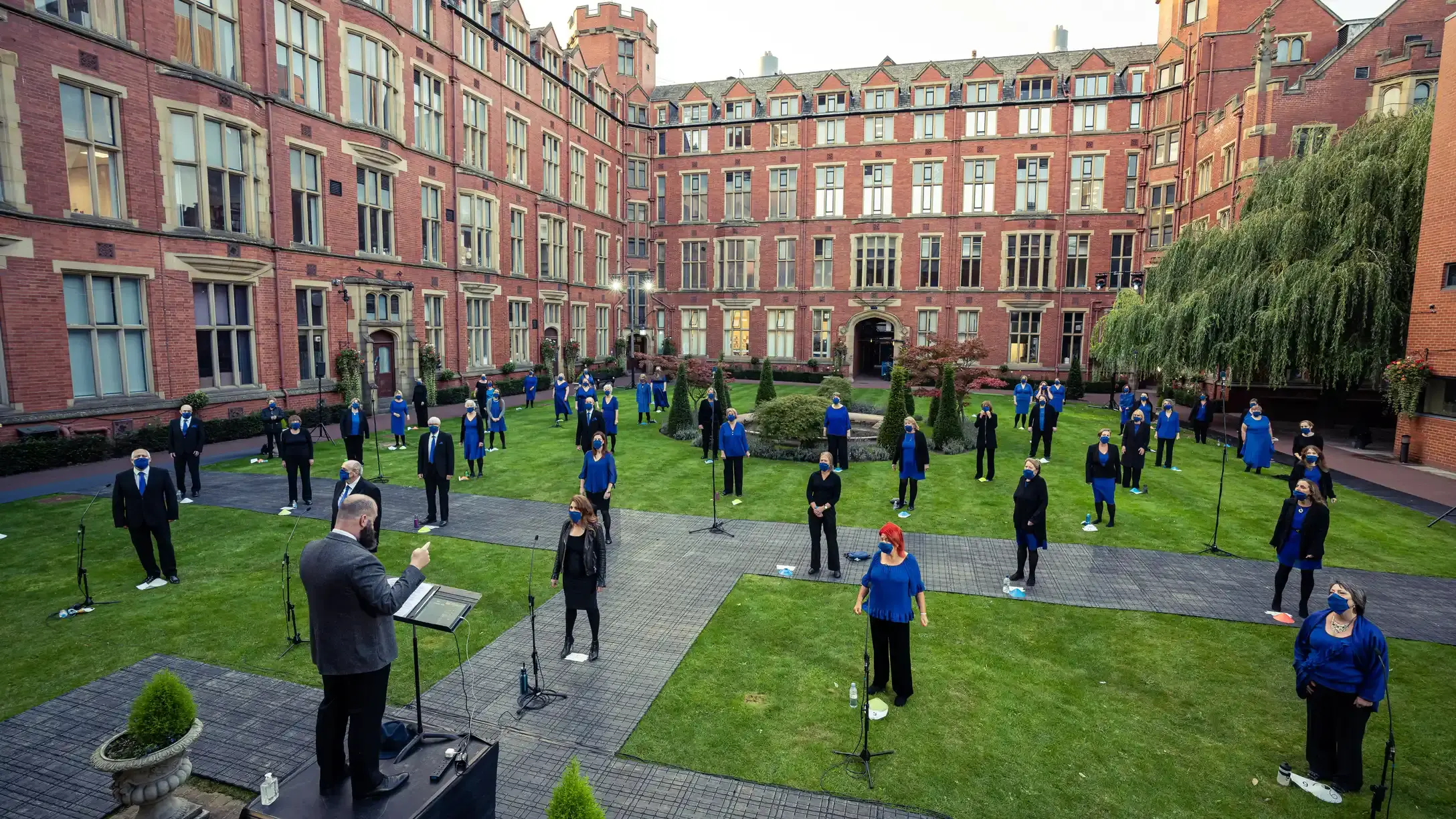 Chorus UK choir performing in the Firth Court quad