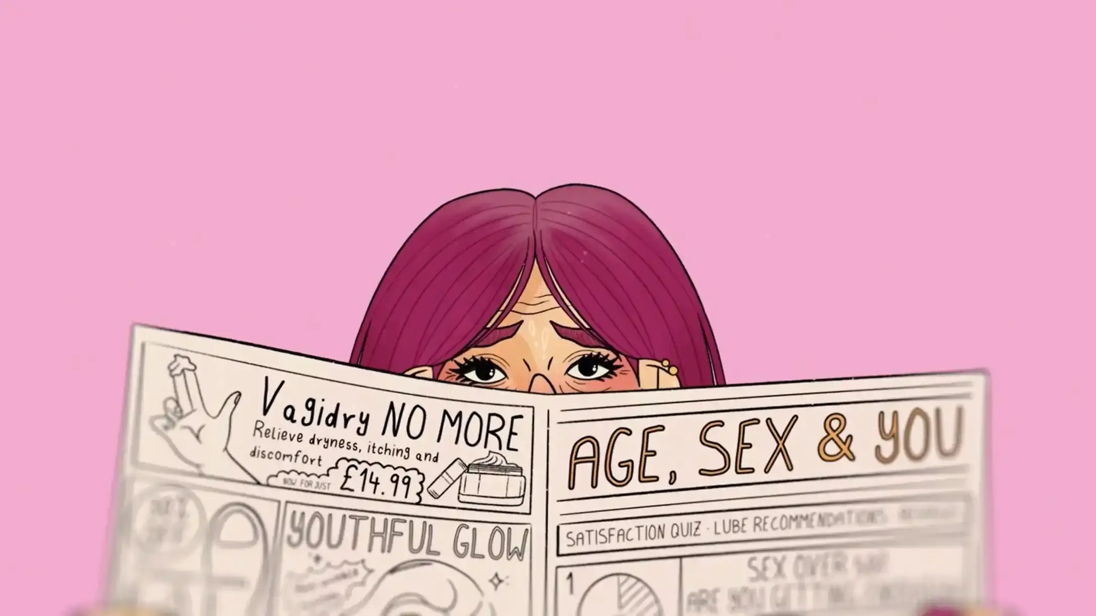 Illustration by Daisy Meredith of a woman reading a newspaper with the headline 'Age, Sex & You'. 