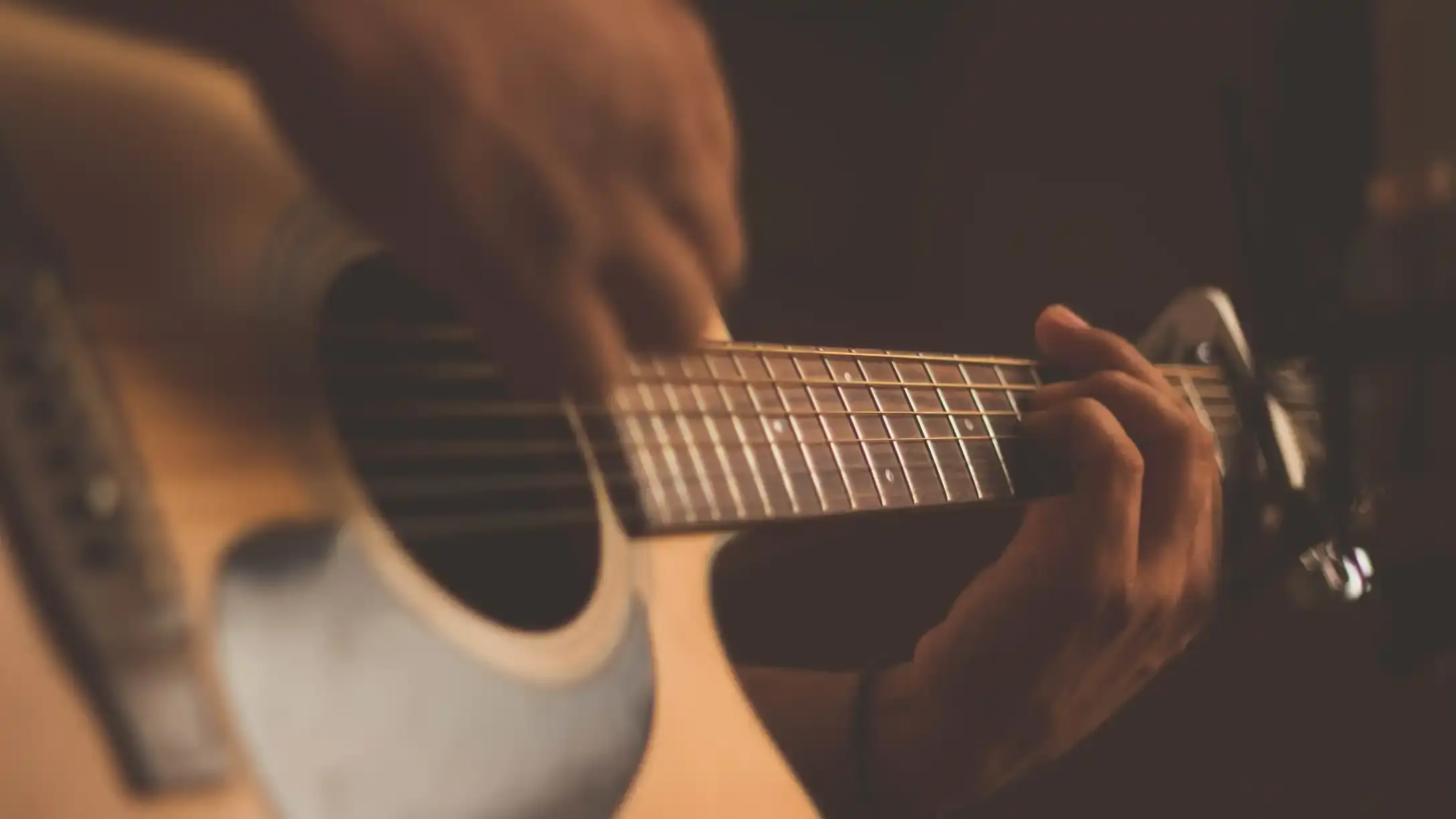 Close-up view of a person playing an acoustic guitar