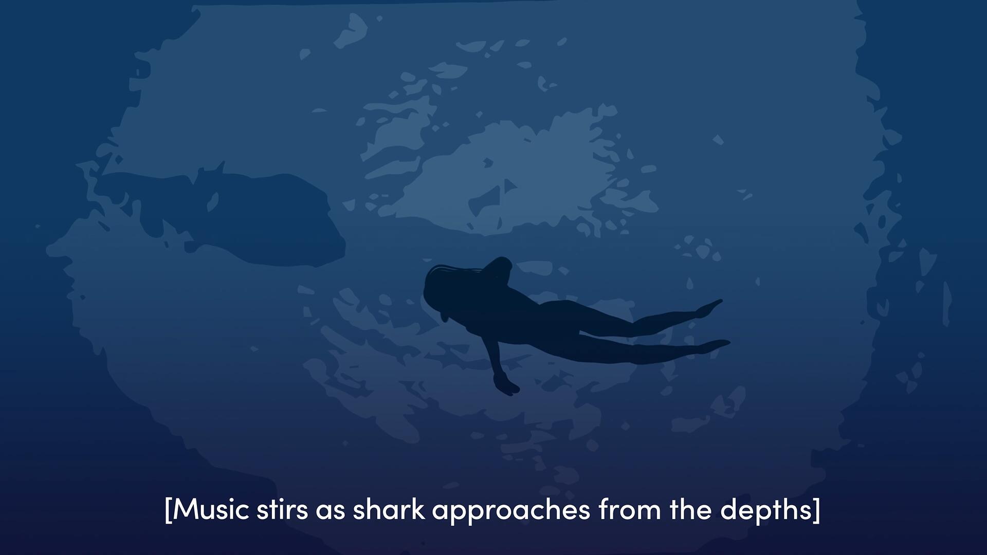 Illustration of a woman swimming in the ocean from below, with the caption "music stirs as shark approaches from the depths"