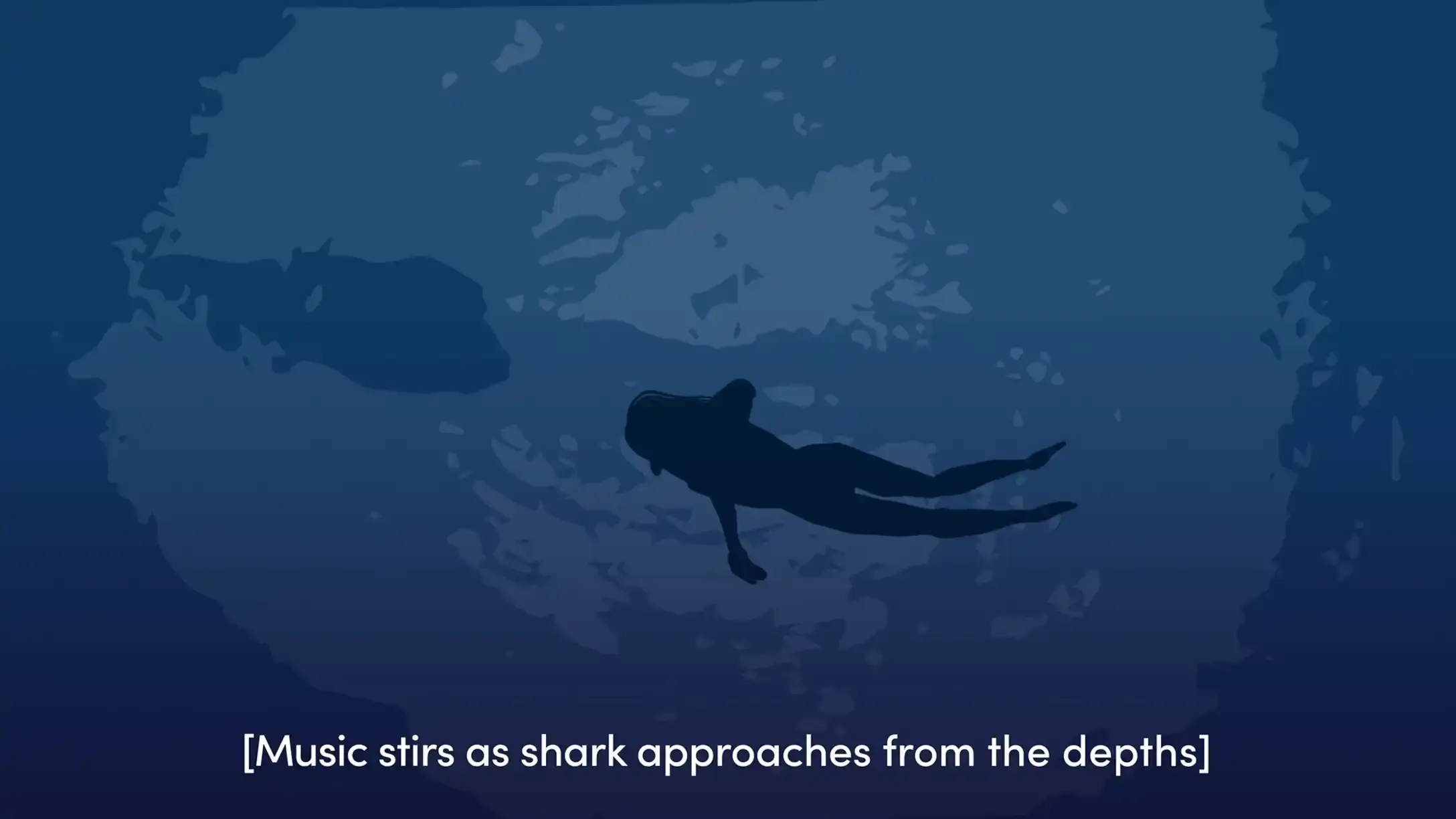 Illustration of a woman swimming in the ocean from below, with the caption "music stirs as shark approaches from the depths"