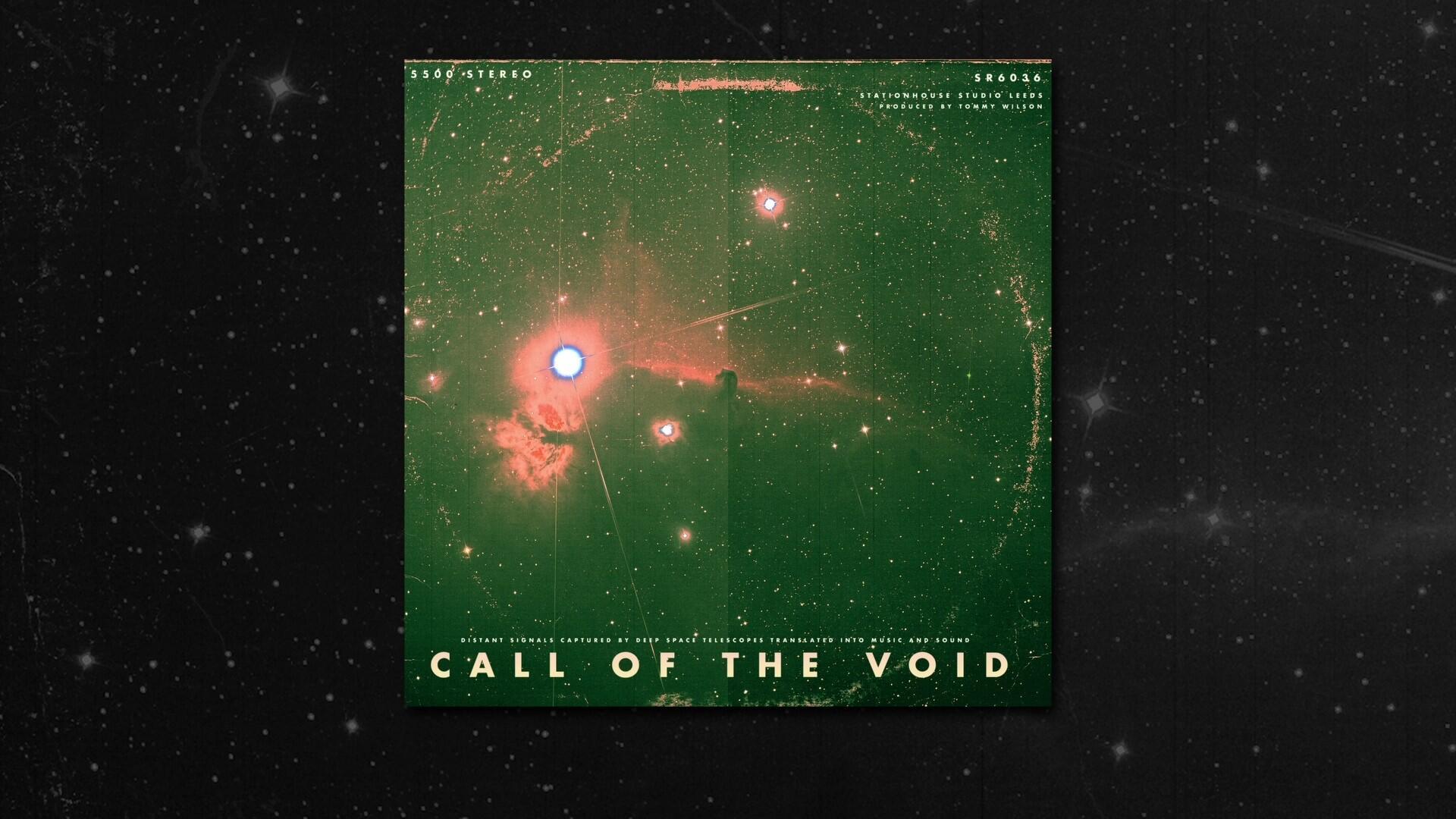 A space background with a vinyl cover with astrological graphics and the text "Call of the Void" at the bottom of the cover