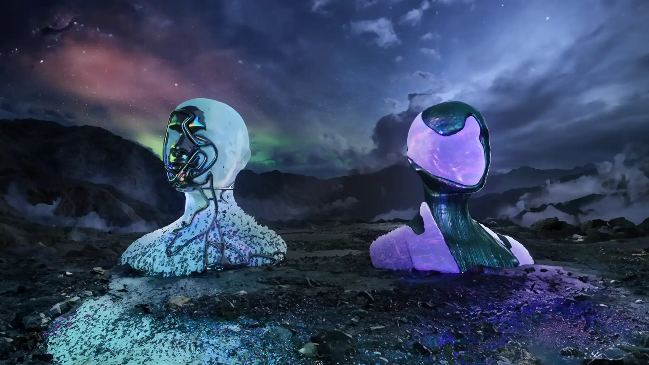 A rocky mountainous landscape with two head busts that look technological and advanced representing art and science