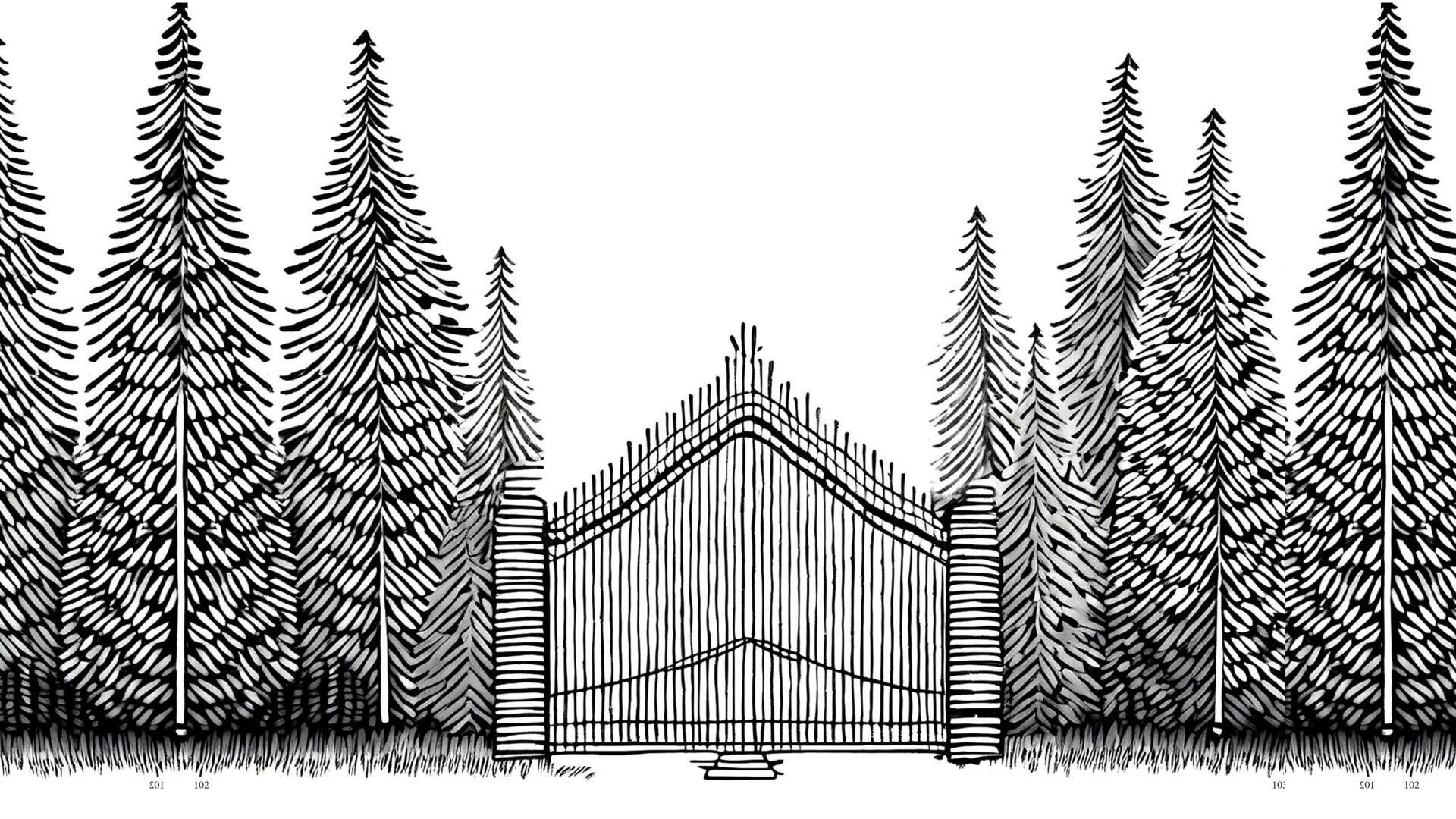 A drawing of a gate with trees at both sides