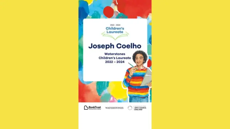 An illustration of Joseph Coelho with accompanying text reading: 'Waterstones Children's Laureate 2022 - 2024'