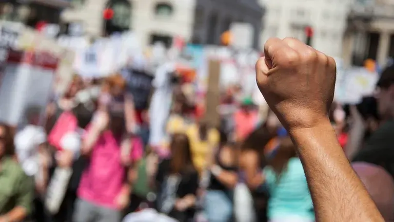 Fist raised in air at rally