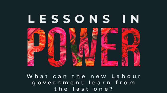 Graphic with the words 'Lessons in Power' as the title, with subheading 'What can the new Labour government learn from the last one?' also features SPERI presents logo and University of Sheffield logo