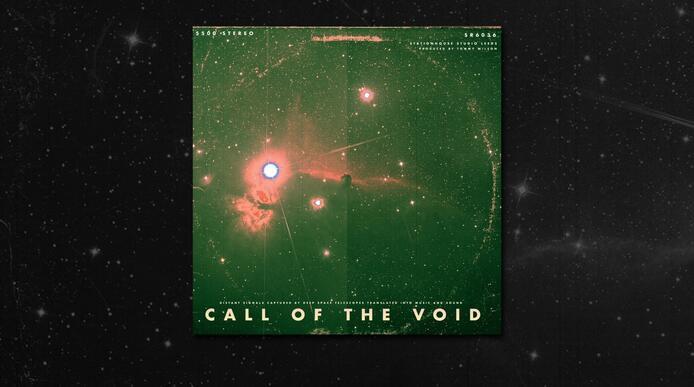 A space background with a vinyl cover with astrological graphics and the text "Call of the Void" at the bottom of the cover