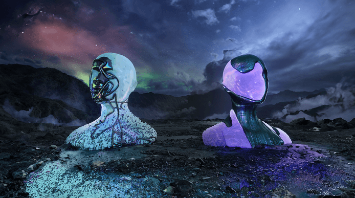 A rocky mountainous landscape with two head busts that look technological and advanced representing art and science