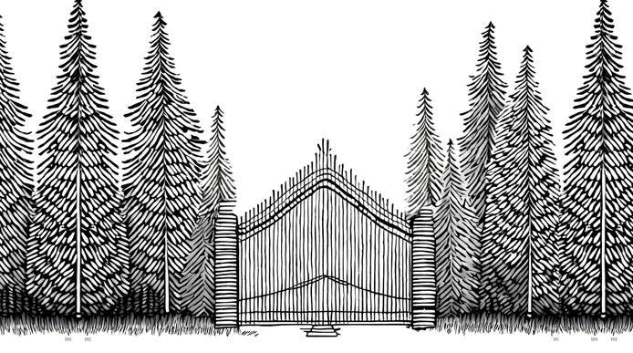 A drawing of a gate with trees at both sides