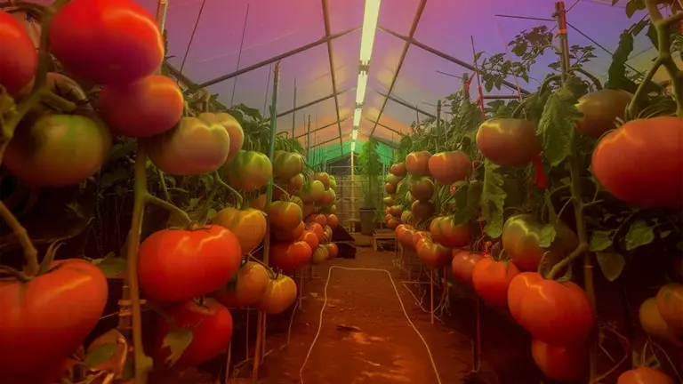 An AI generated image of a greenhouse filled with tomatoes