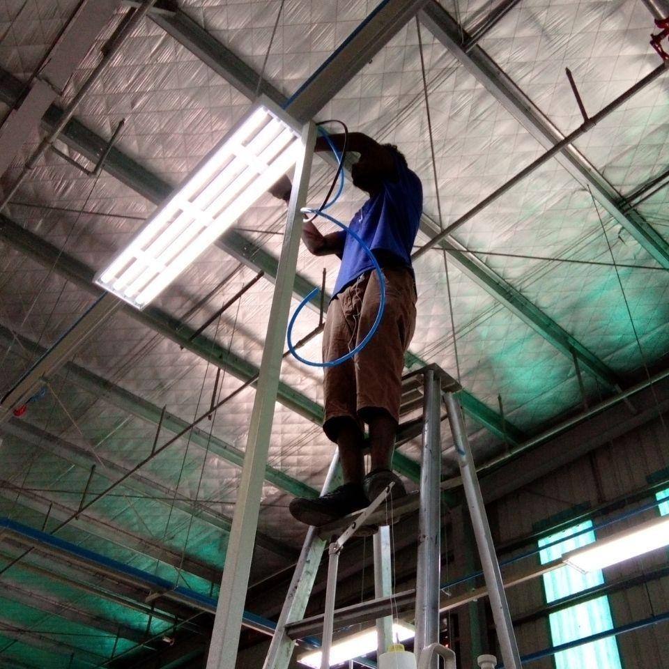Workineh, a young man in a blue sweater and brown trousers stands atop a step ladder installing some cable to a warehouse ceiling