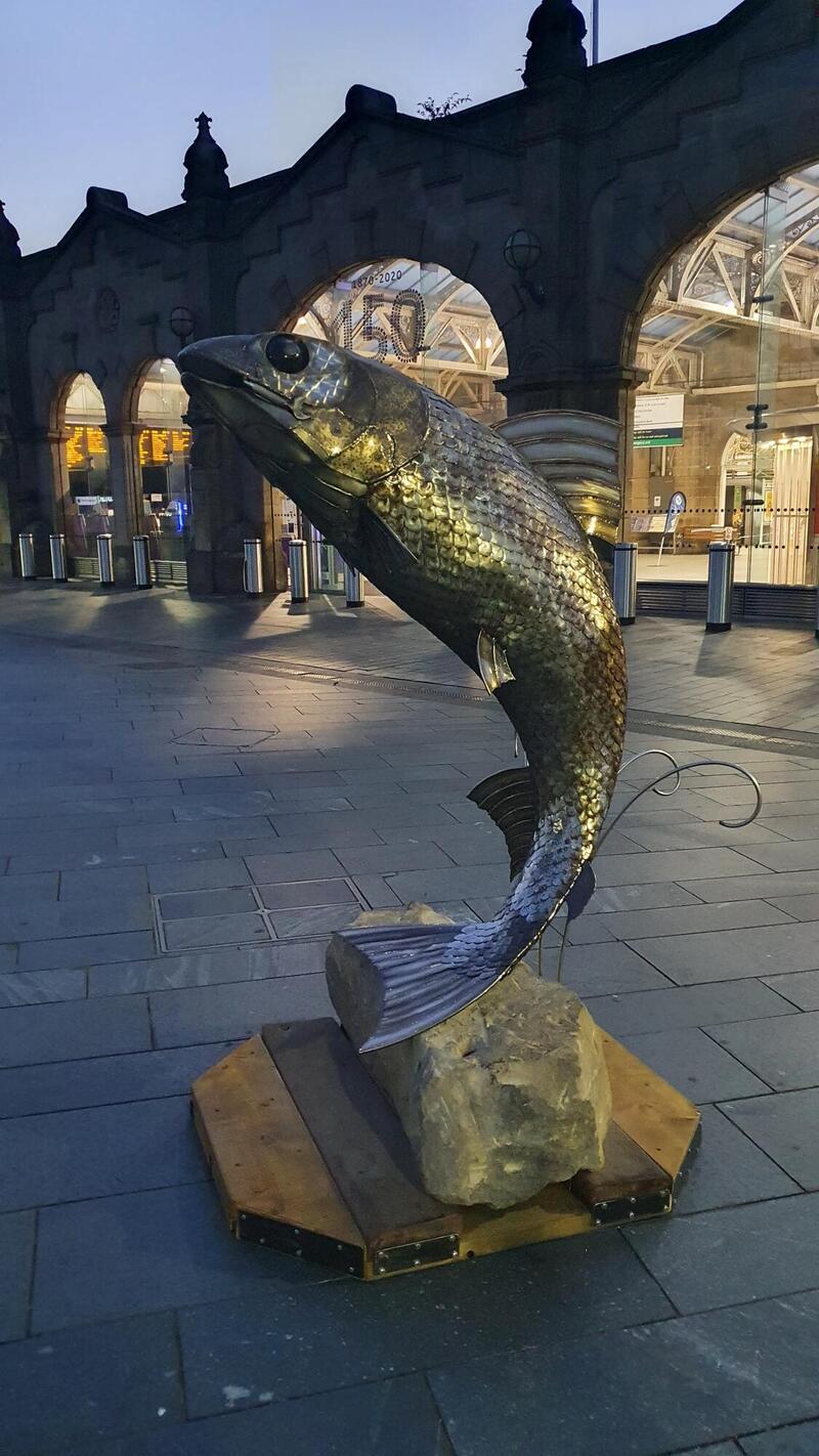 The Salmon of Steel sculpture outside Sheffield train station