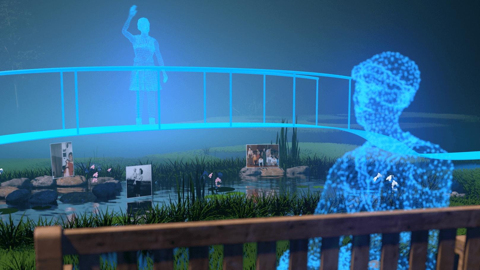 Image from VR film depicting figure on a bridge waving to man on bench