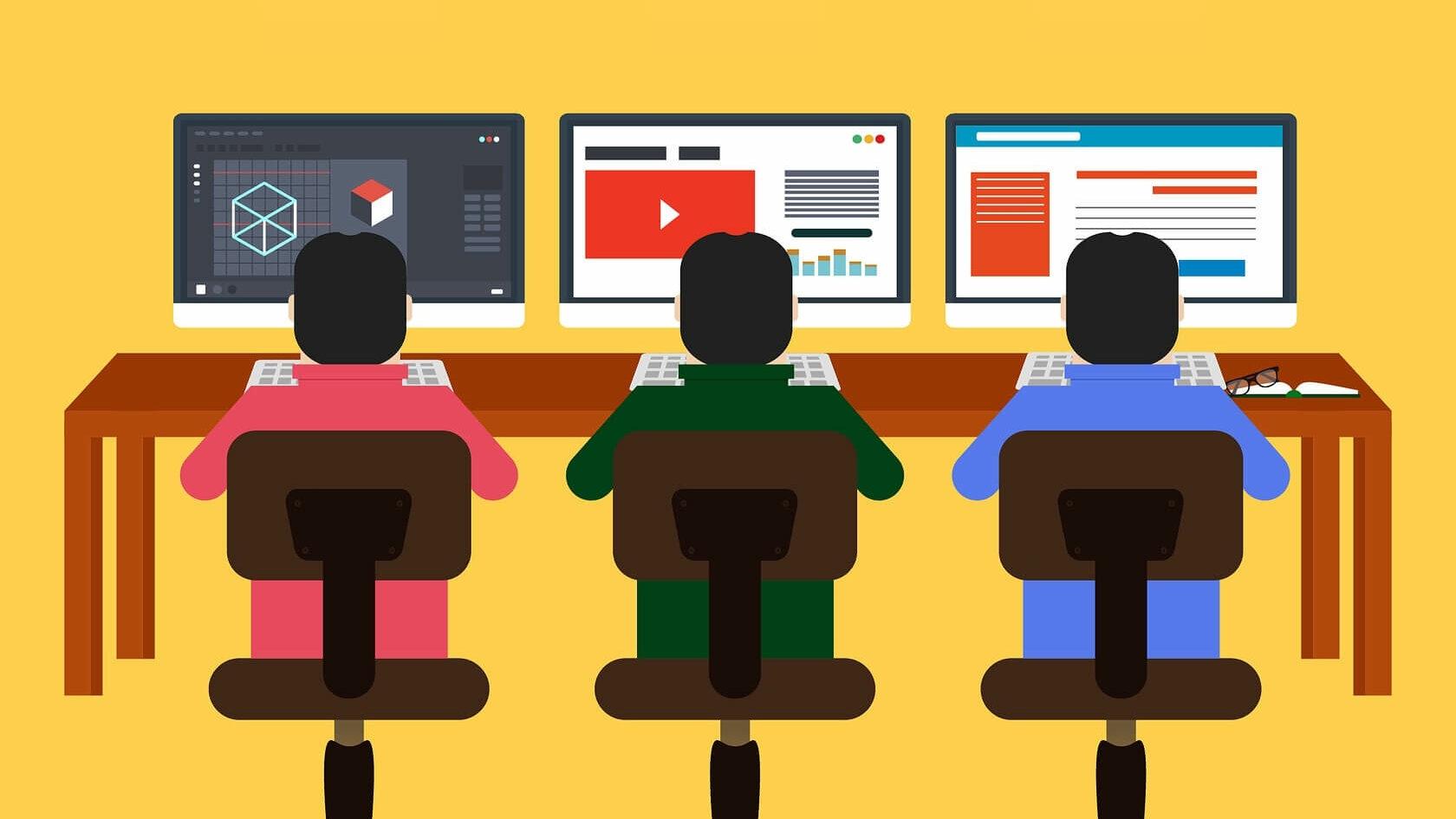 Illustration of people sitting at desks working on computers