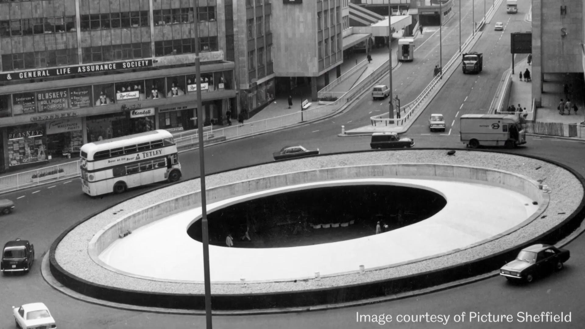 An old photograph of the Sheffield 'hole in the road'