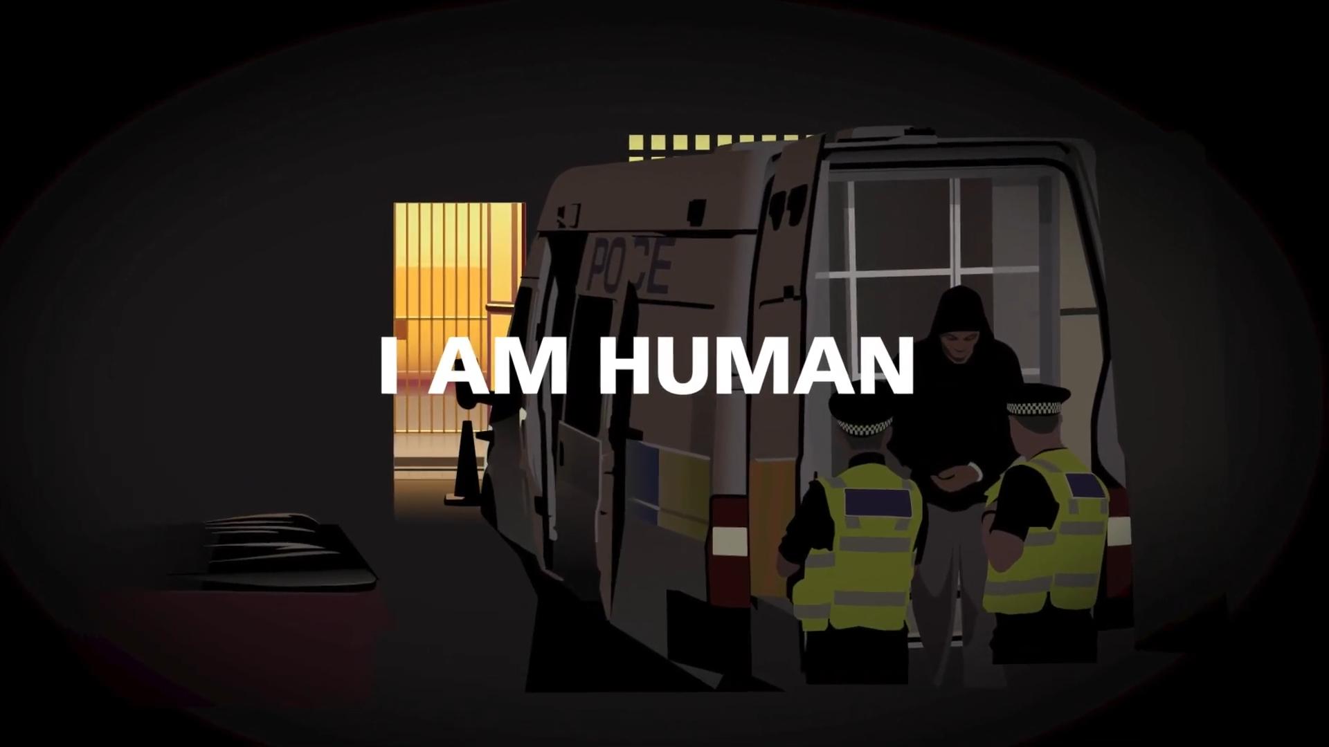 Opening shot of I Am Human animated film  - police escorting a detainee from the back of a police van