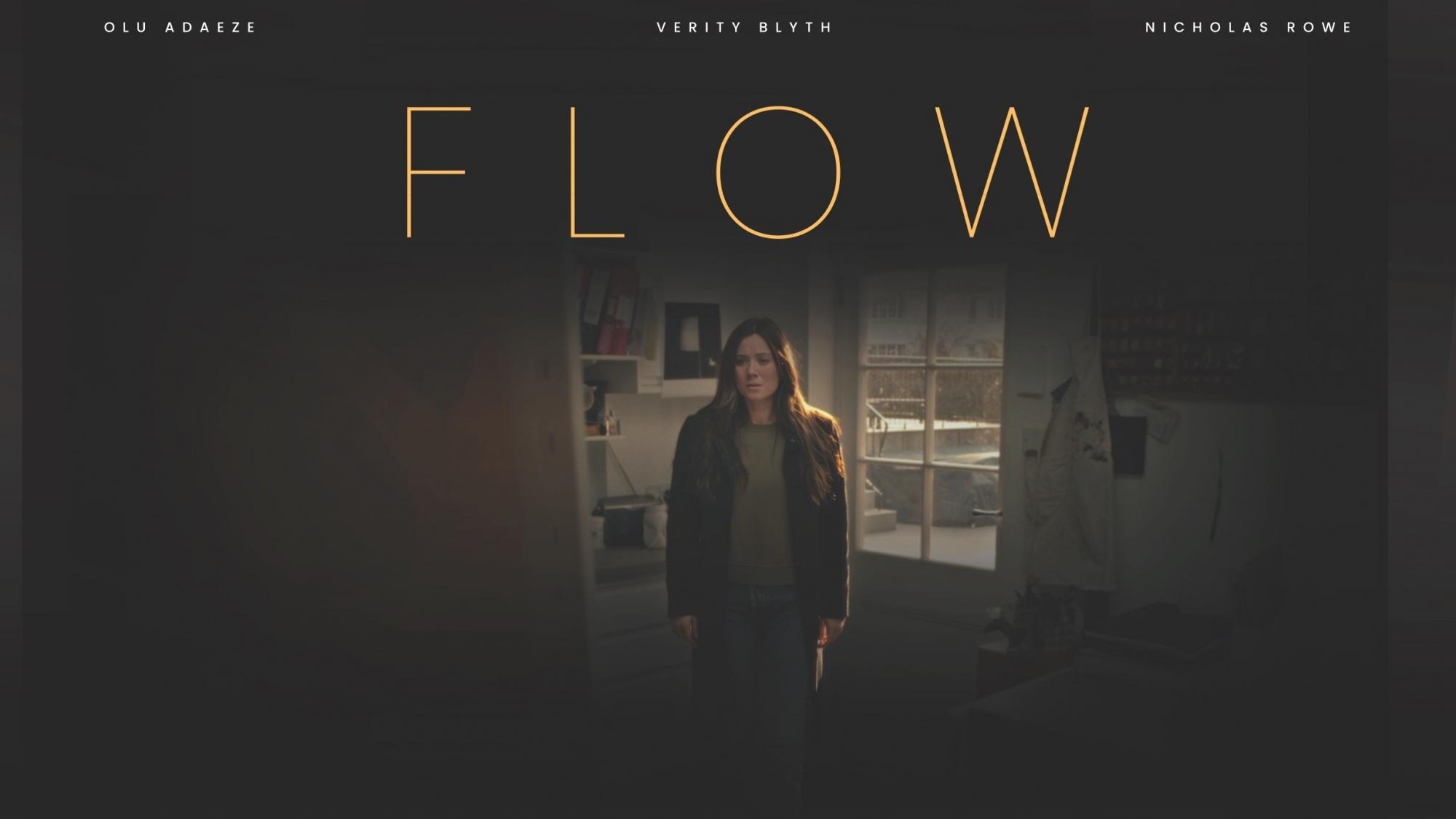 Film poster for 'Flow' depicting a woman standing in doorway