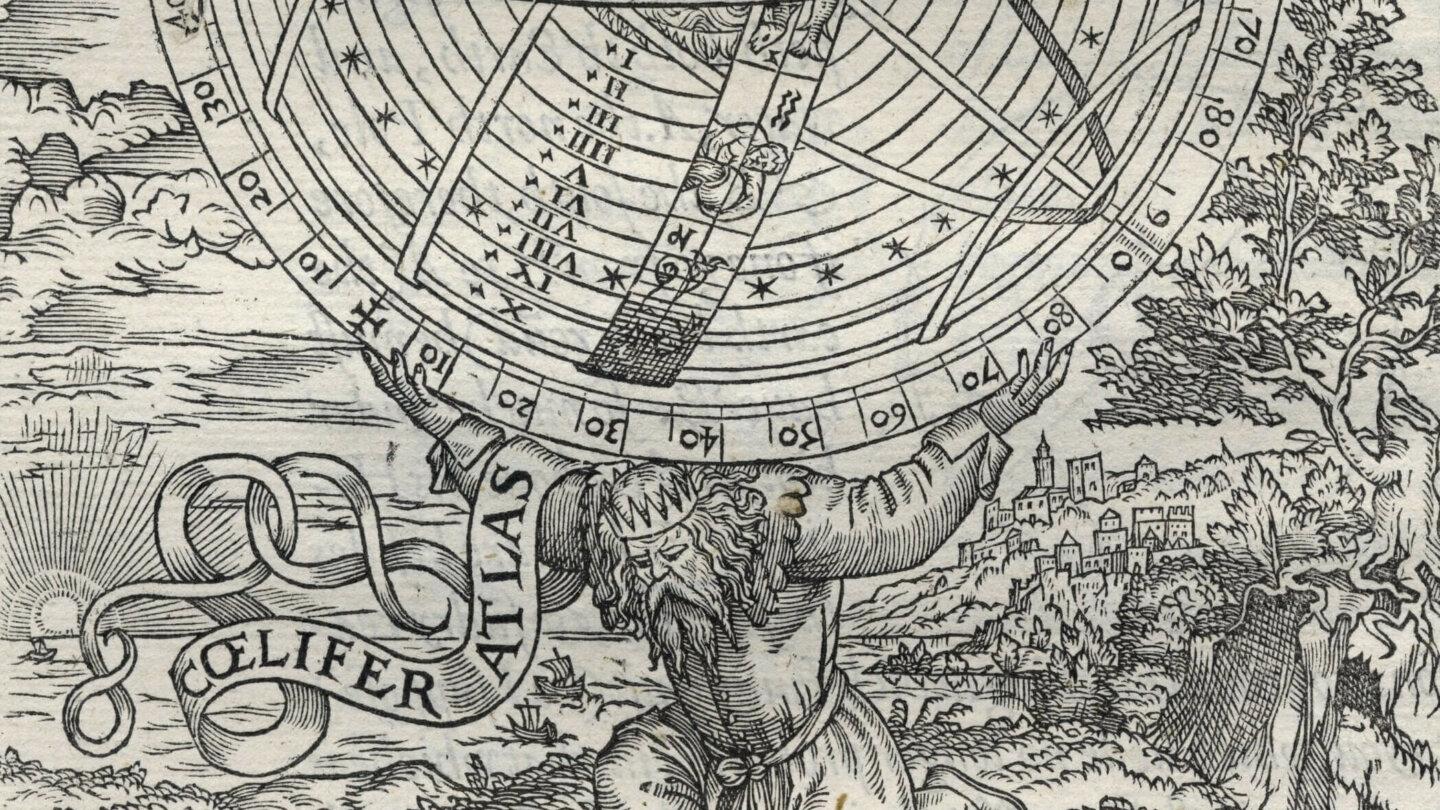 Atlas holding up the earth and heavens, from William Cunningham, The Cosmographical Glasse (London, 1559)