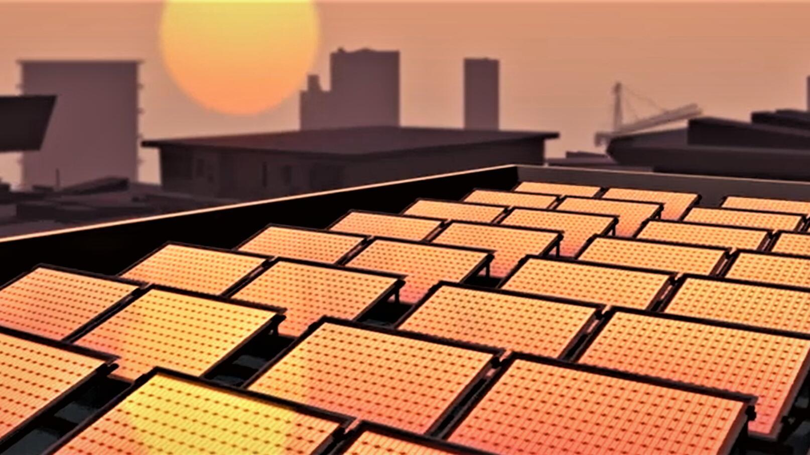 Film still of a rooftop full of solar panels