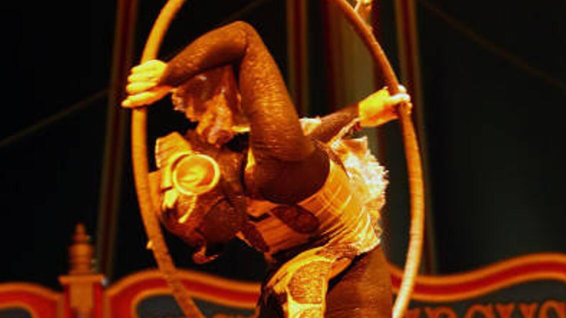 a picture of a circus performer and a hoop