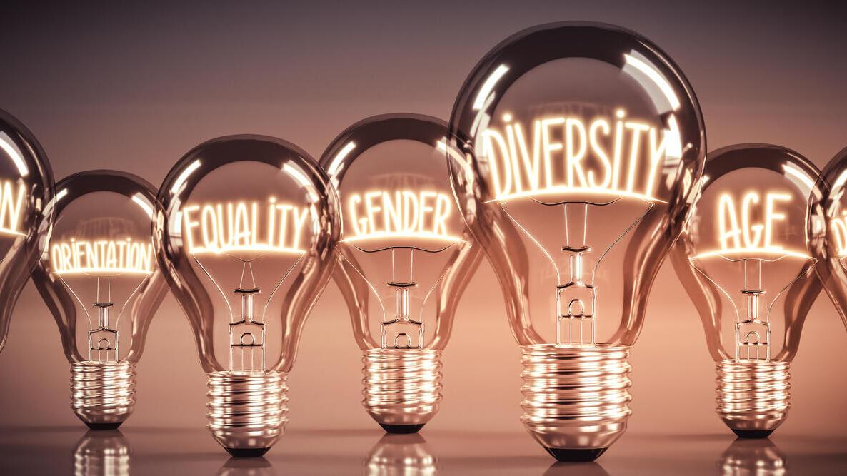 A row of lightbulbs with the filaments spelling out words including 'diversity', 'gender' and 'equality'