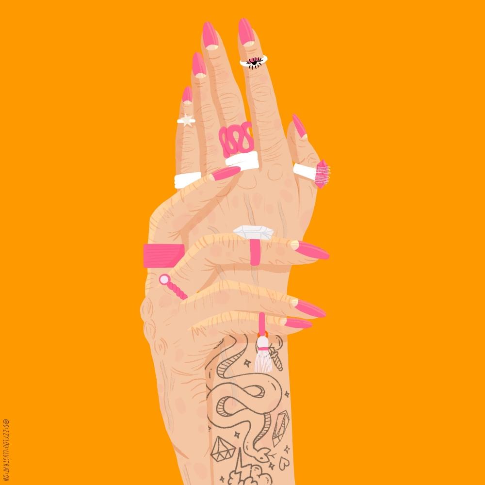 Illustration of hands wearing rings and tattoos