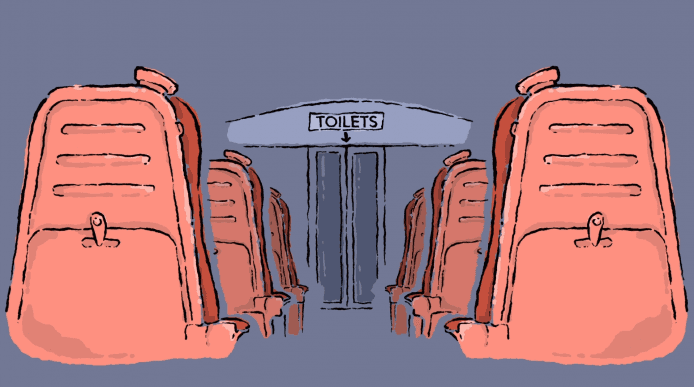 Illustration of inside a train - at the end of the carriage is a sign for the toilets