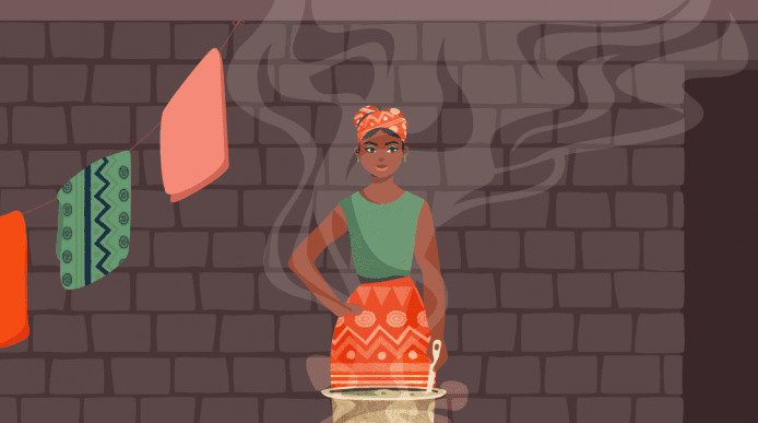 Illustration of a woman preparing dinner in a courtyard