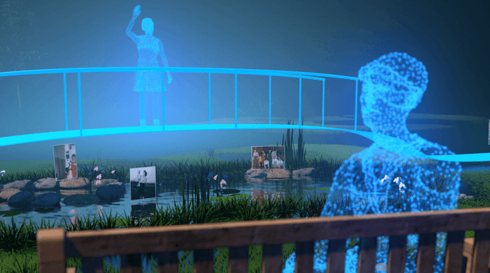 Image from VR piece. Woman on bridge waving to a woman on a bench.