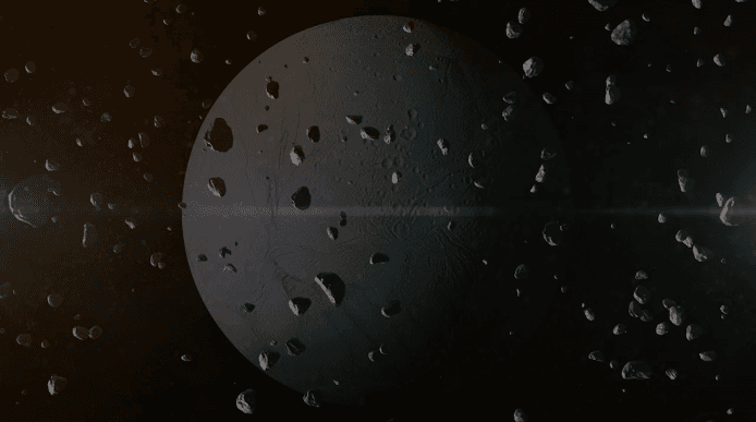 Illustration of asteroids moving past a planet