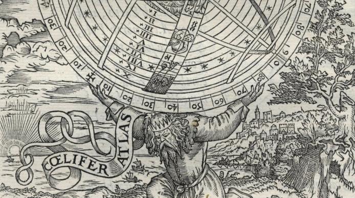 Atlas holding up the earth and heavens, from William Cunningham, The Cosmographical Glasse (London, 1559)