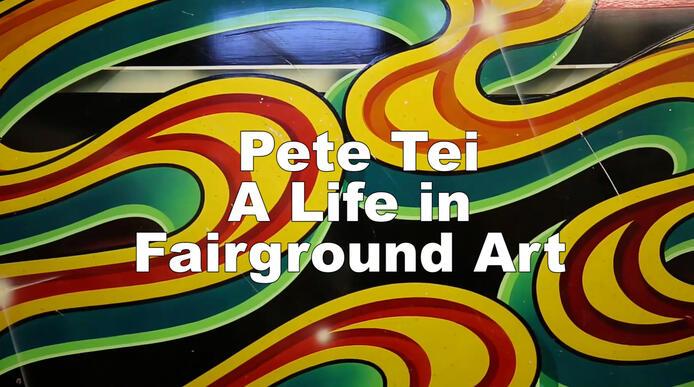Yellow, green and red fairground artwork, overlaid with the text 'Pete Tei A Life in Fairground art'
