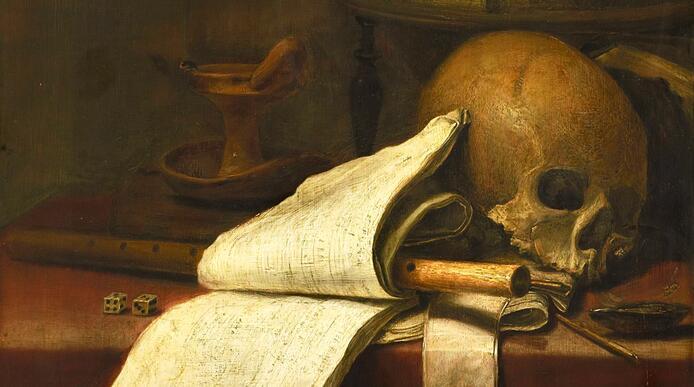 An old-style painting of a skull, a candle holder, a globe and a letter laid out across a table.