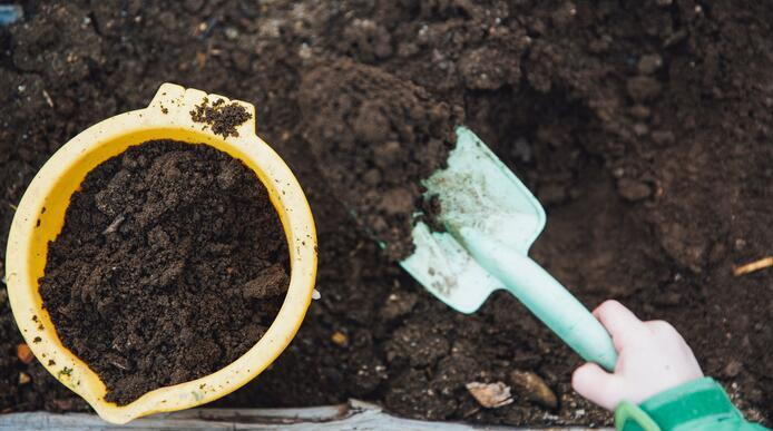 A bucket and spade in soil