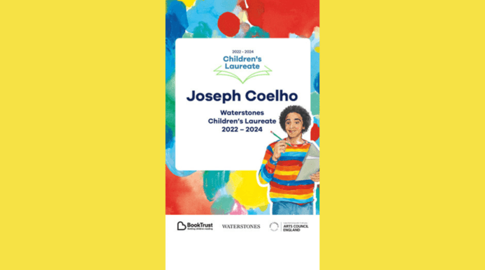 An illustration of Joseph Coelho with accompanying text reading: 'Waterstones Children's Laureate 2022 - 2024'