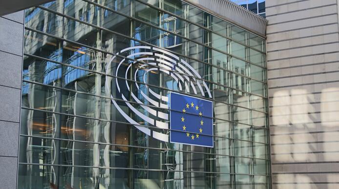 The EU logo displayed on the European Parliament building in Brussels