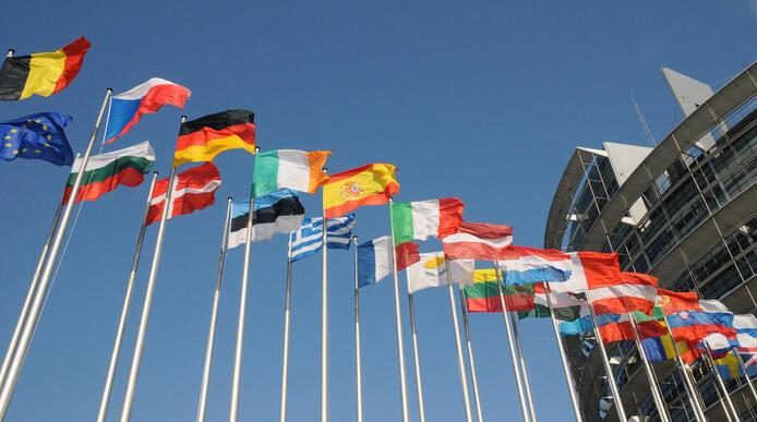 Flags of European countries lined outside the European Parliament building