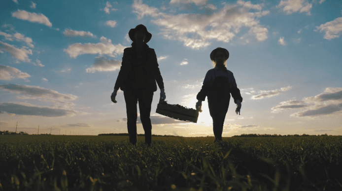 2 people wearing sun hats carrying a box of agricultural produce through a field
