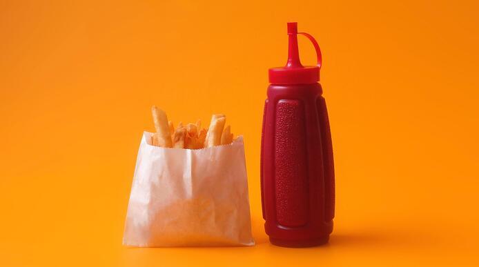 A packet of french fries and a plastic bottle of ketchup
