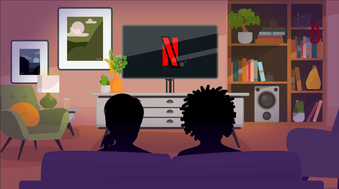 An illustration of a couple sitting on a purple sofa in a living room, watching TV